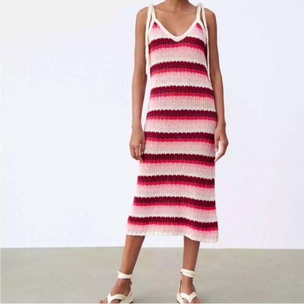 ZARA Striped Knit Midi Red Pink‎ Combo Limited Edition Size S